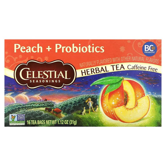 Celestial Seasonings, Herbal Tea, Peach + Probiotics, Caffeine Free, 16 Tea Bags
