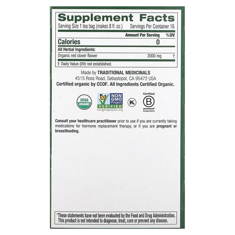 Traditional Medicinals, Organic Red Clover, Caffeine Free, 16 Wrapped Tea Bags, 1.13 oz (32 g)