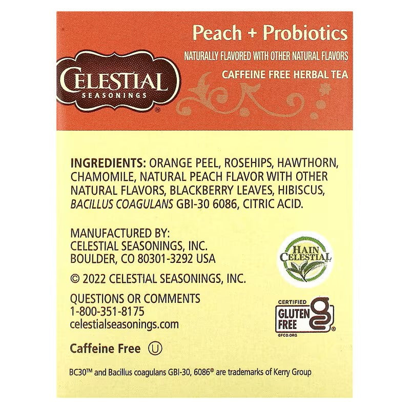 Celestial Seasonings, Herbal Tea, Peach + Probiotics, Caffeine Free, 16 Tea Bags