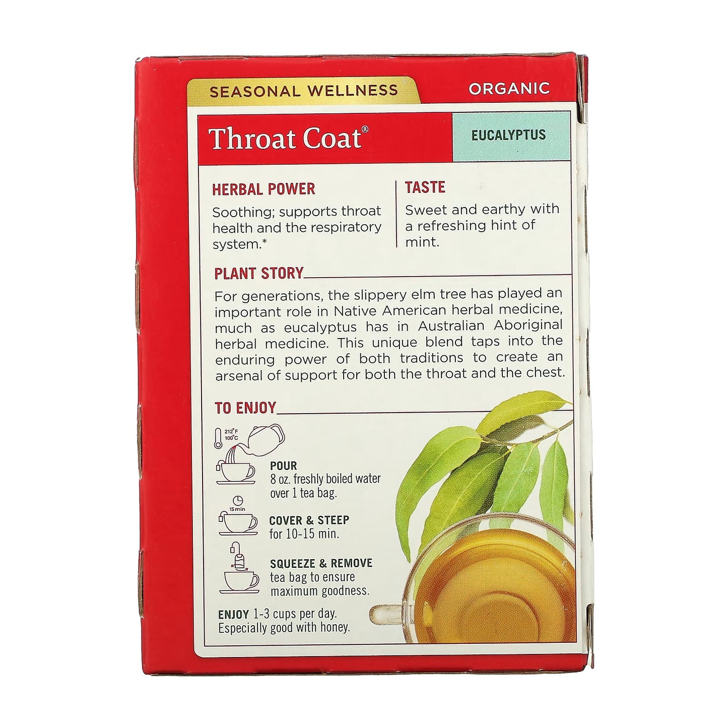 Traditional Medicinals, Organic Throat Coat, Eucalyptus, Caffeine Free, 16 Wrapped Tea Bags, 0.99 oz (28 g)