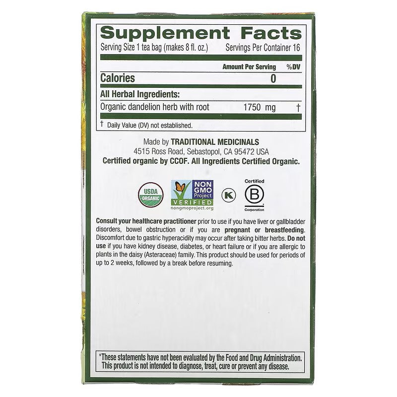 Traditional Medicinals, Herbal Teas, Organic Dandelion Leaf & Root Tea, Caffeine Free, 16 Wrapped Tea Bags, 0.99 oz (28 g)
