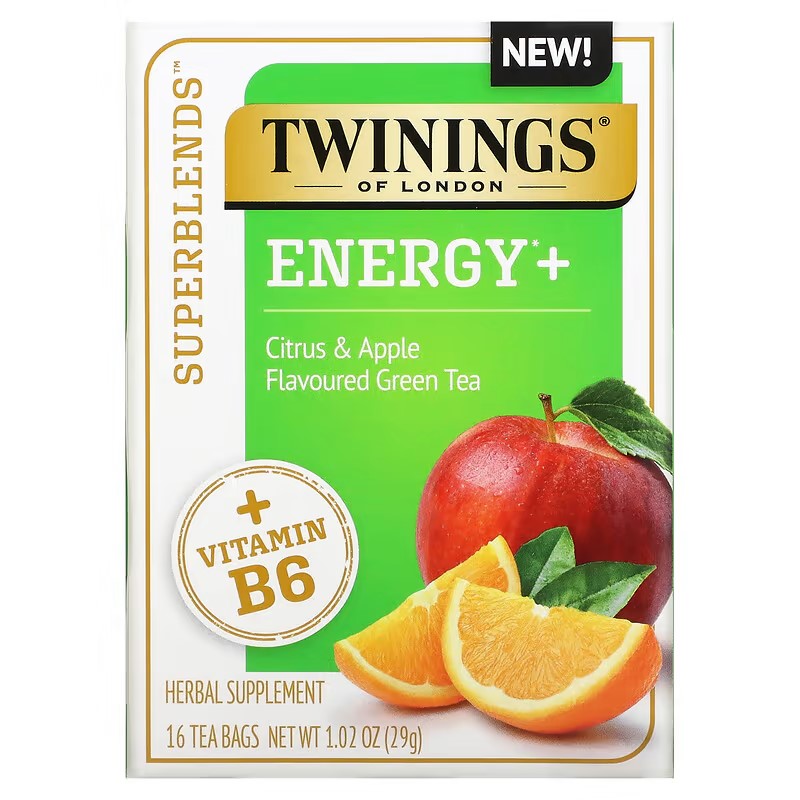 Twinings, Energy+ Green Tea, Citrus & Apple, 16 Tea Bags