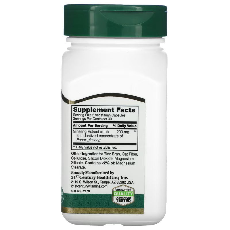 21st Century, Standardized Ginseng Extract, 200 mg, 60 Vegetarian Capsule (100 mg per Capsule)