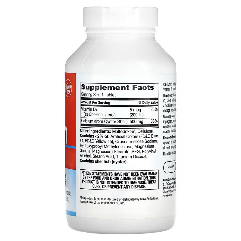 21st Century, Calcium 500 + D3, 5 mcg (200 IU)