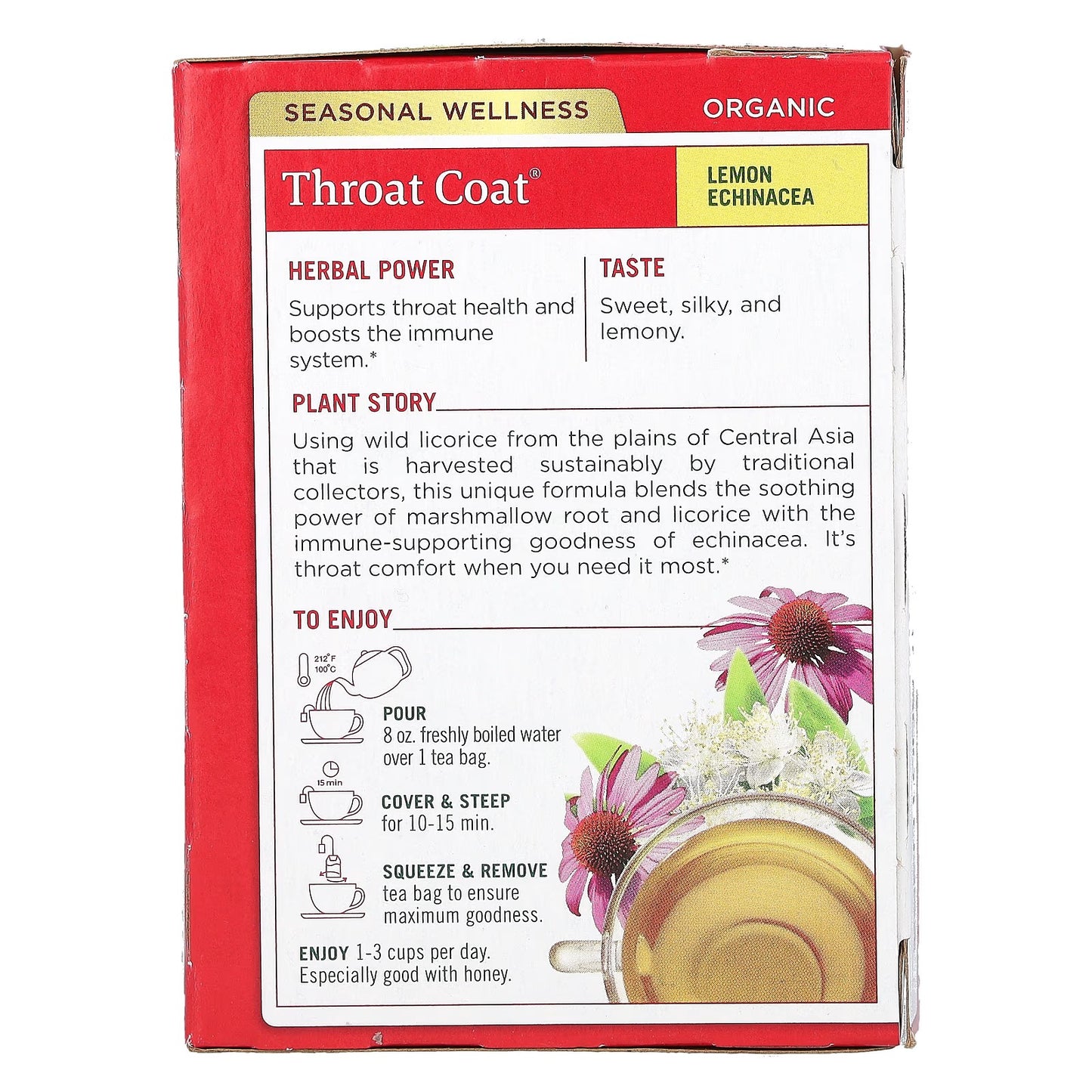 Traditional Medicinals, Organic Throat Coat, Lemon Echinacea, Caffeine Free, 16 Wrapped Tea Bags, 1.13 oz (32 g)