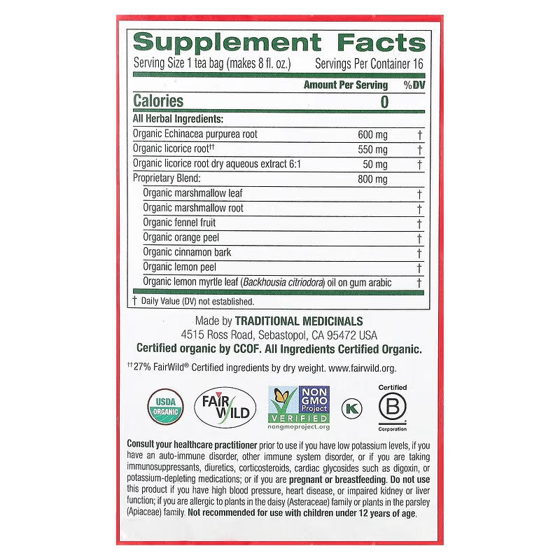 Traditional Medicinals, Organic Throat Coat, Lemon Echinacea, Caffeine Free, 16 Wrapped Tea Bags, 1.13 oz (32 g)