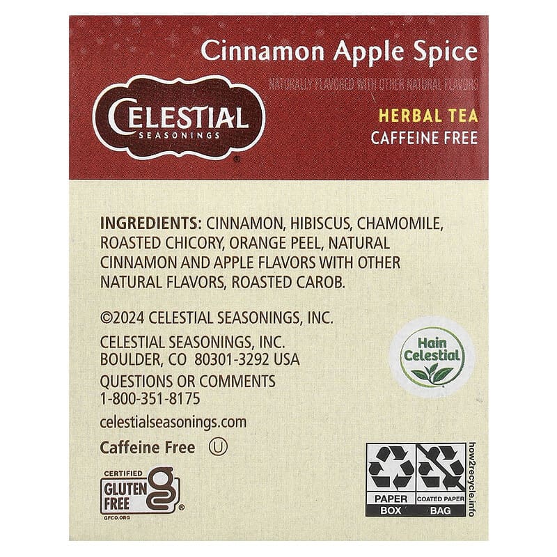 Celestial Seasonings, Herbal Tea, Cinnamon Apple Spice, Caffeine Free, 20 Tea Bags