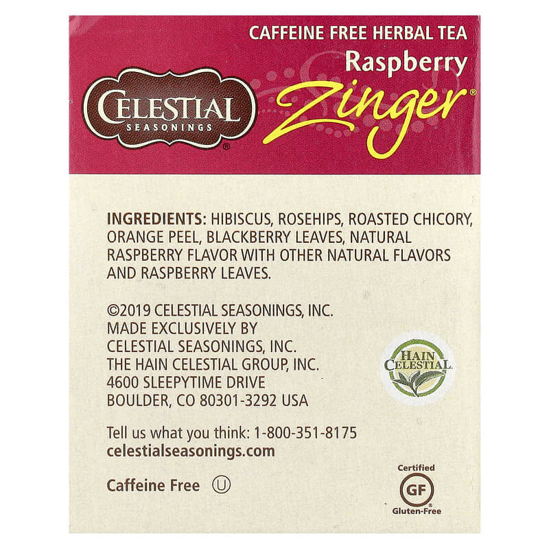 Celestial Seasonings, Herbal Tea, Raspberry Zinger®, Caffeine Free, 20 Tea Bags