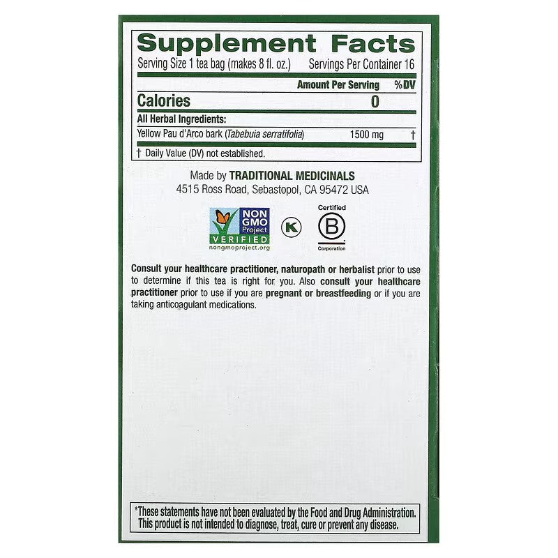 Traditional Medicinals, Yellow Pau d' Arco, Caffeine Free, 16 Wrapped Tea Bags, 0.85 oz (24 g)