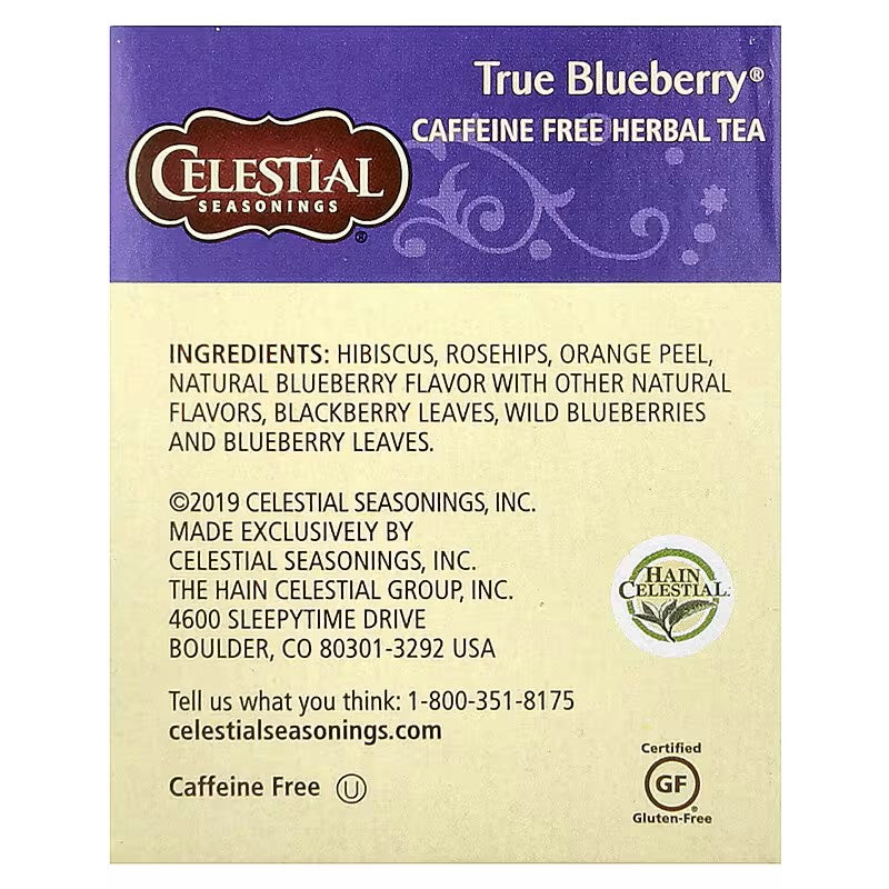 Celestial Seasonings, Herbal Tea, True Blueberry®, Caffeine Free, 20 Tea Bags