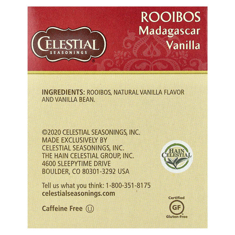 Celestial Seasonings, African Red Herbal Tea, Rooibos, Madagascar Vanilla, Caffeine Free, 20 Tea Bags