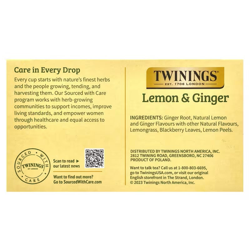 Twinings, Flavored Herbal Tea, Lemon & Ginger, Caffeine Free, 50 Tea Bags