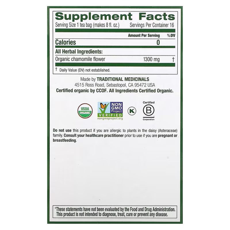Traditional Medicinals, Organic Chamomile, Caffeine Free, 16 Wrapped Tea Bags, 0.74 oz (20.8 g)
