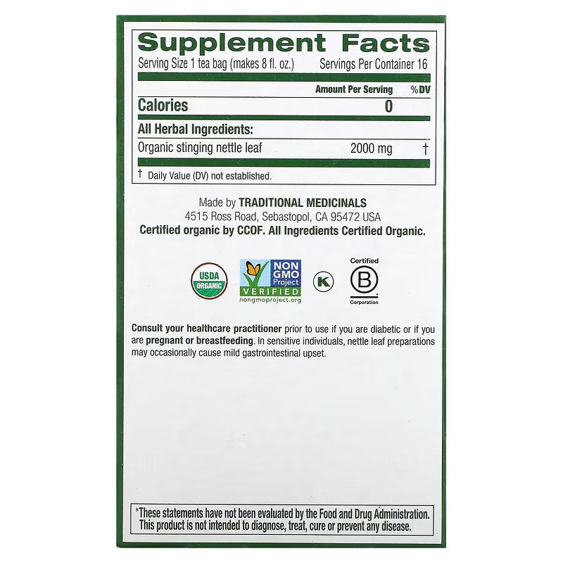 Traditional Medicinals, Organic Nettle Leaf, Caffeine Free, 16 Wrapped Tea Bags, 1.13 oz (32 g)