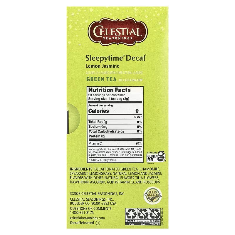 Celestial Seasonings, Sleepytime® Decaf, Green Tea, Lemon Jasmine, 20 Tea Bags