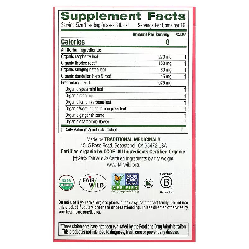 Traditional Medicinals, Organic Healthy Cycle, Raspberry Leaf, Caffeine Free, 16 Wrapped Tea Bags, 0.85 oz (24 g)