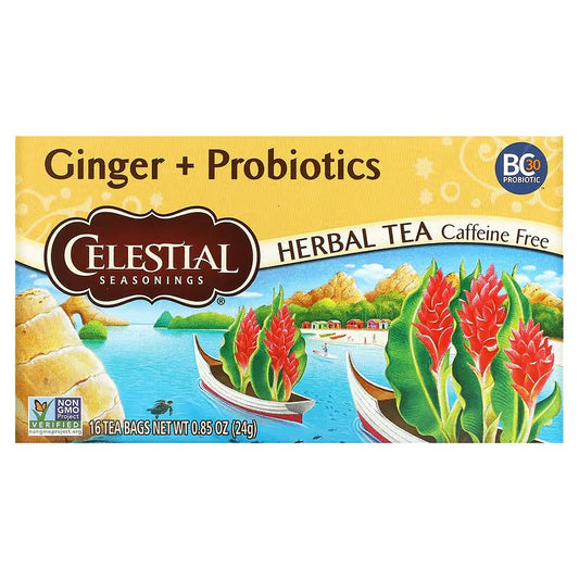 Celestial Seasonings, Herbal Tea, Ginger + Probiotics, Caffeine Free, 16 Tea Bags