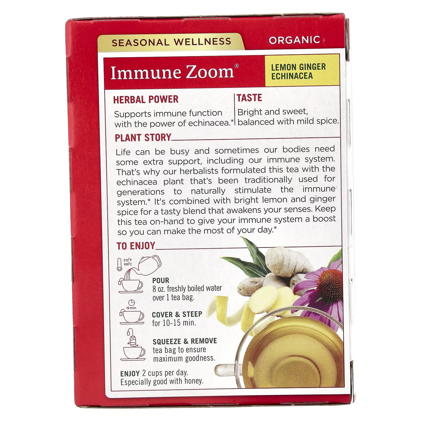 Traditional Medicinals, Organic Immune Zoom®, Lemon Ginger Echinacea, Caffeine Free, 16 Wrapped Tea Bags, 1.13 oz (32 g)