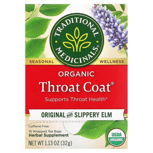 Traditional Medicinals, Organic Throat Coat, Original with Slippery Elm, Caffeine Free, 16 Wrapped Tea Bags, 1.13 oz (32 g)