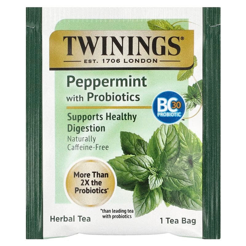Twinings, Herbal Tea, Peppermint with Probiotics, Caffeine-Free, 18 Tea Bags