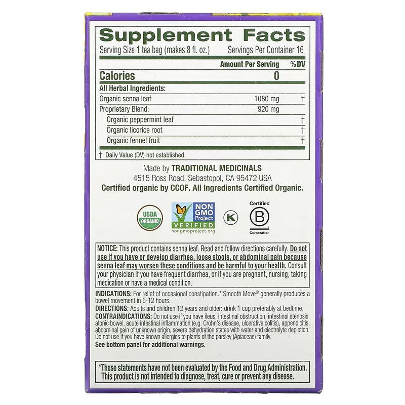 Traditional Medicinals, Organic Smooth Move, Senna Peppermint, Caffeine Free, 16 Wrapped Tea Bags, 1.13 oz (32 g)