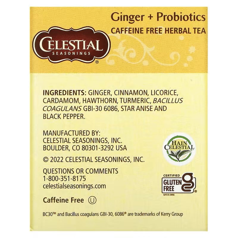 Celestial Seasonings, Herbal Tea, Ginger + Probiotics, Caffeine Free, 16 Tea Bags