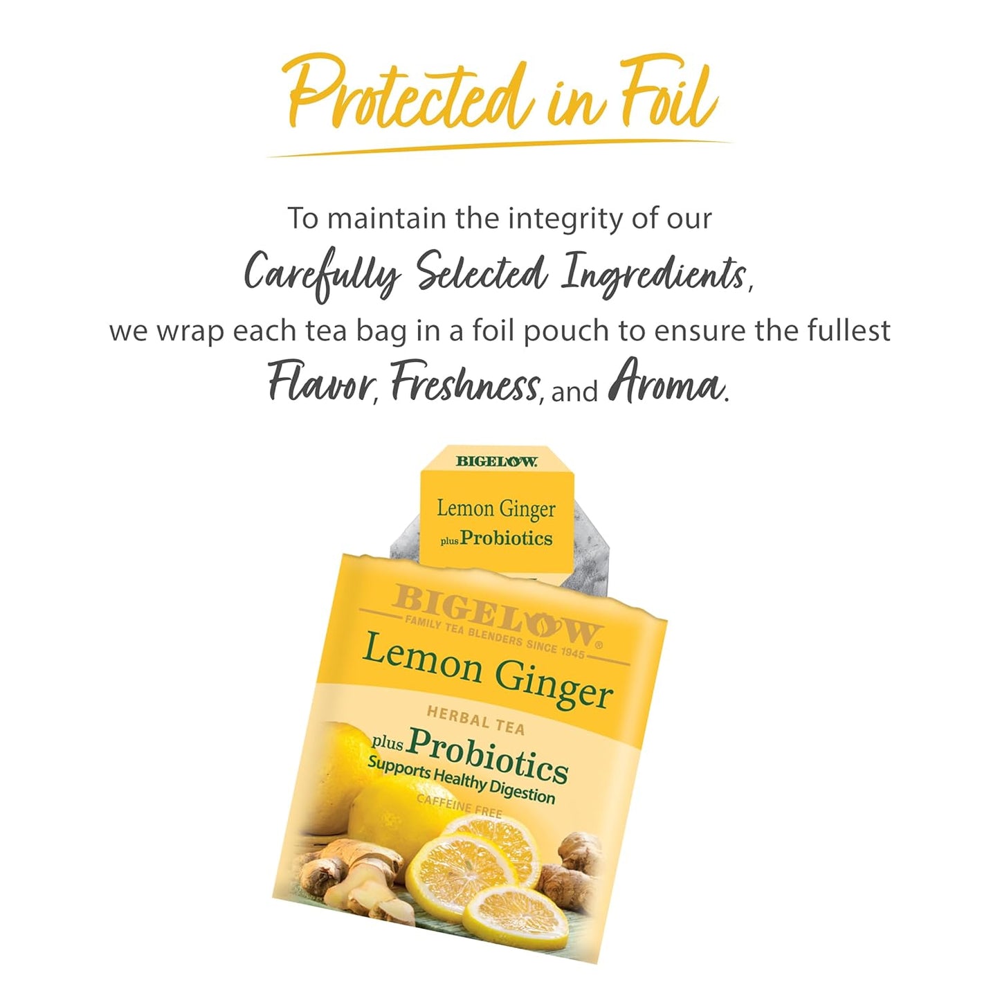 Bigelow Tea, Herbal Tea Plus Probiotic Lemon Ginger, Caffeine Free, 18 Tea Bags (37 g)