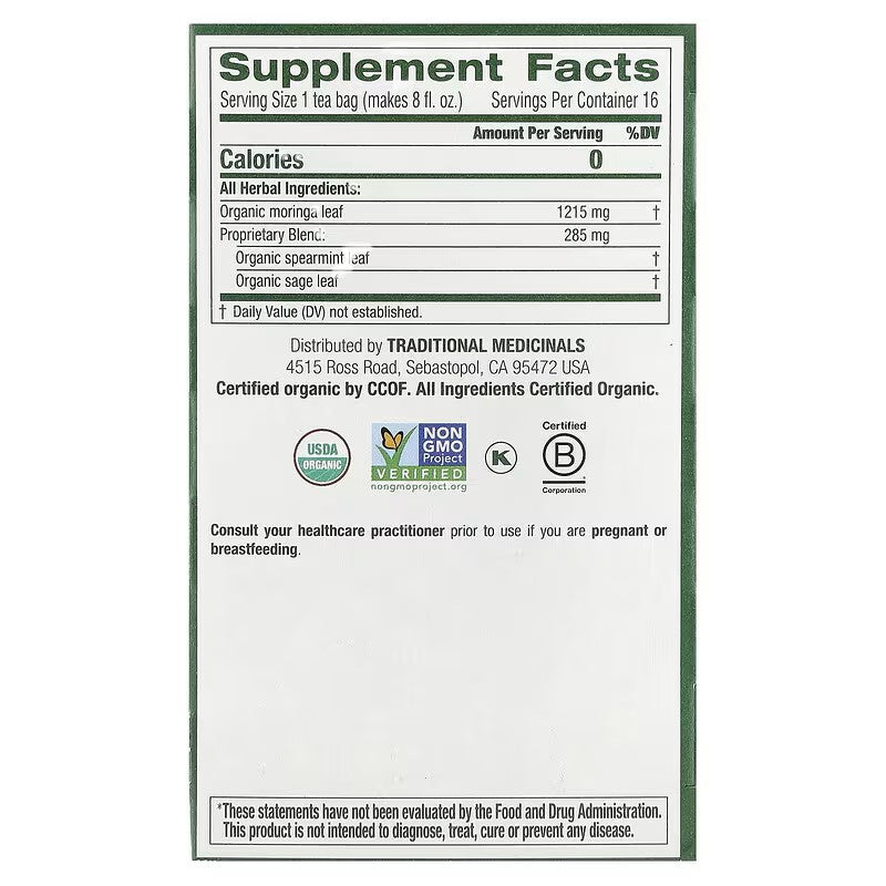 Traditional Medicinals, Organic Moringa, Caffeine Free, 16 Wrapped Tea Bags, 0.85 oz (24 g)