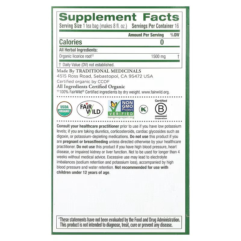 Traditional Medicinals, Organic Licorice Root, Caffeine Free, 16 Wrapped Tea Bags, 0.85 oz (24 g)