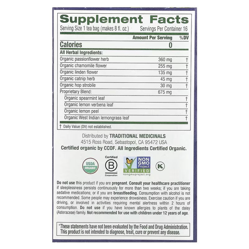 Traditional Medicinals, Organic Nighty Night, Chamomile & Passionflower, Caffeine Free, 16 Wrapped Tea Bags, 0.85 oz (24 g)