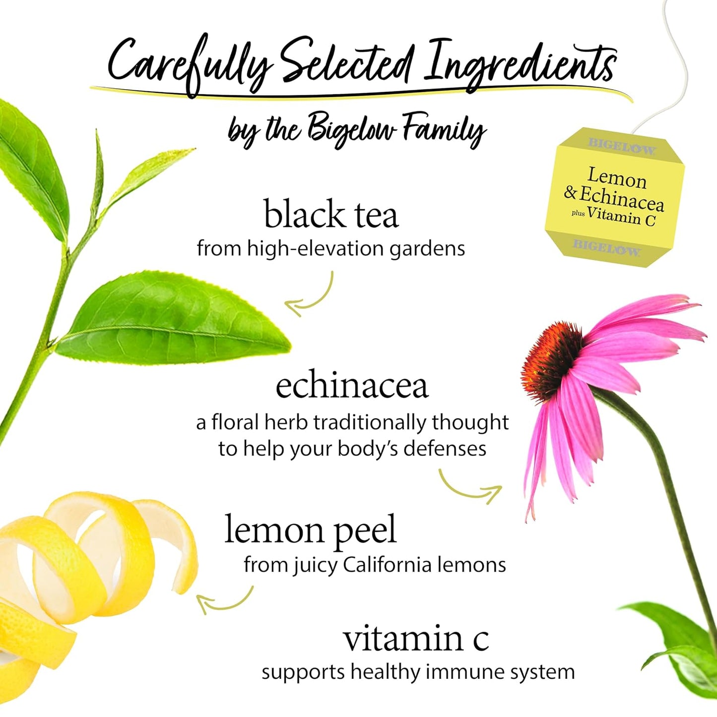 Bigelow Tea, Lemon & Echinacea Plus Vitamin C Black Tea, Caffeinated, 18 Tea Bags (34 g)