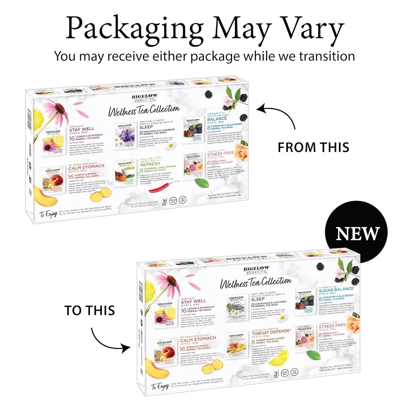 Bigelow Tea, Wellness Herbal Tea Collection, Caffeine Free, Variety Gift Box, 64 Tea Bags