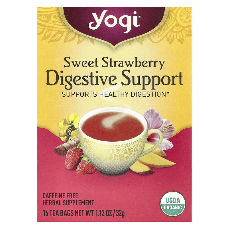Yogi Tea, Digestive Support, Sweet Strawberry, Caffeine Free, 16 Tea Bags