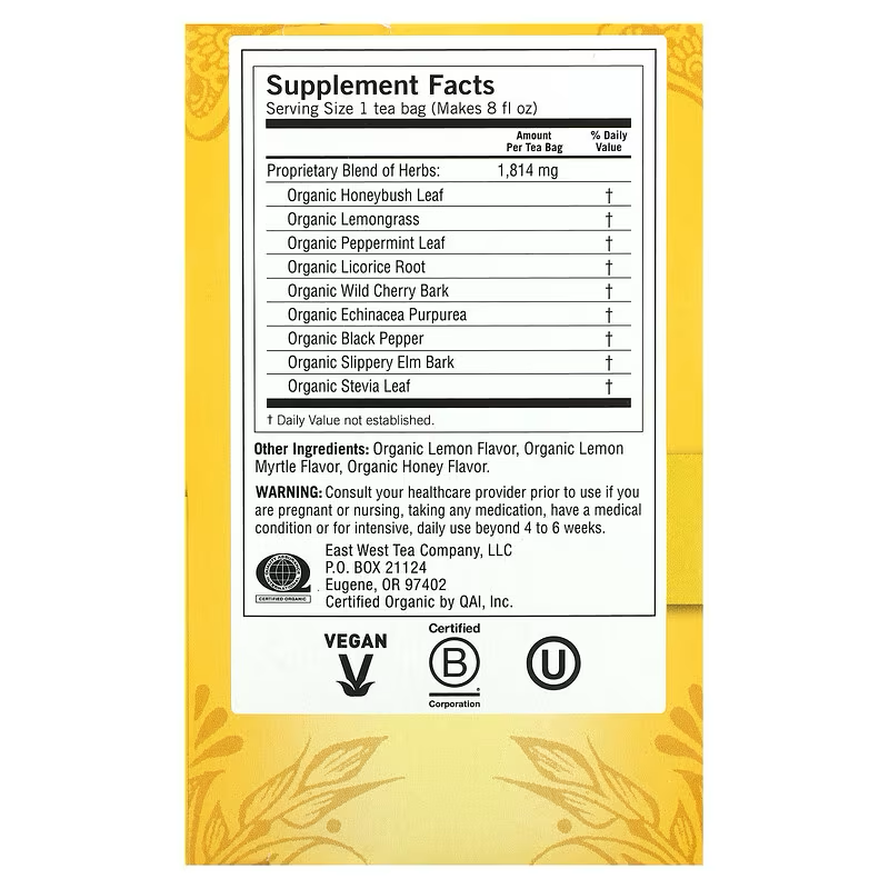 Yogi Tea, Honey Lemon, Throat Comfort, Caffeine Free, 16 Tea Bags