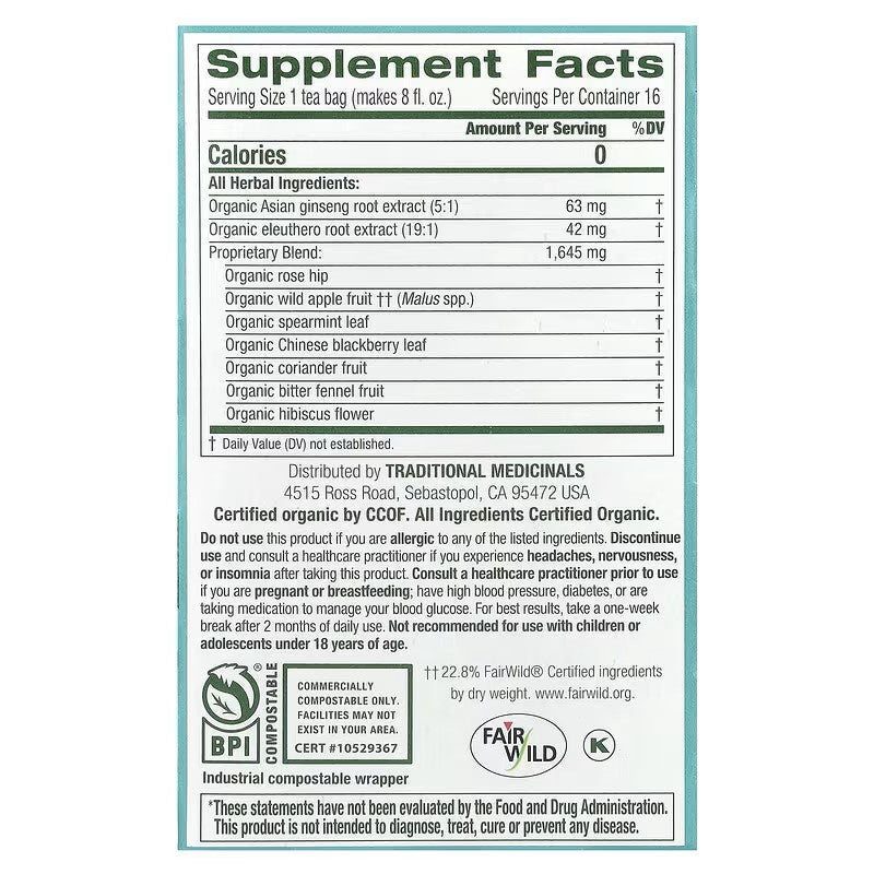 Traditional Medicinals, Organic Stress Ease Focus, Ginseng Wild Apple Mint, Caffeine Free, 16 Wrapped Tea Bags, 0.99 oz (28 g)