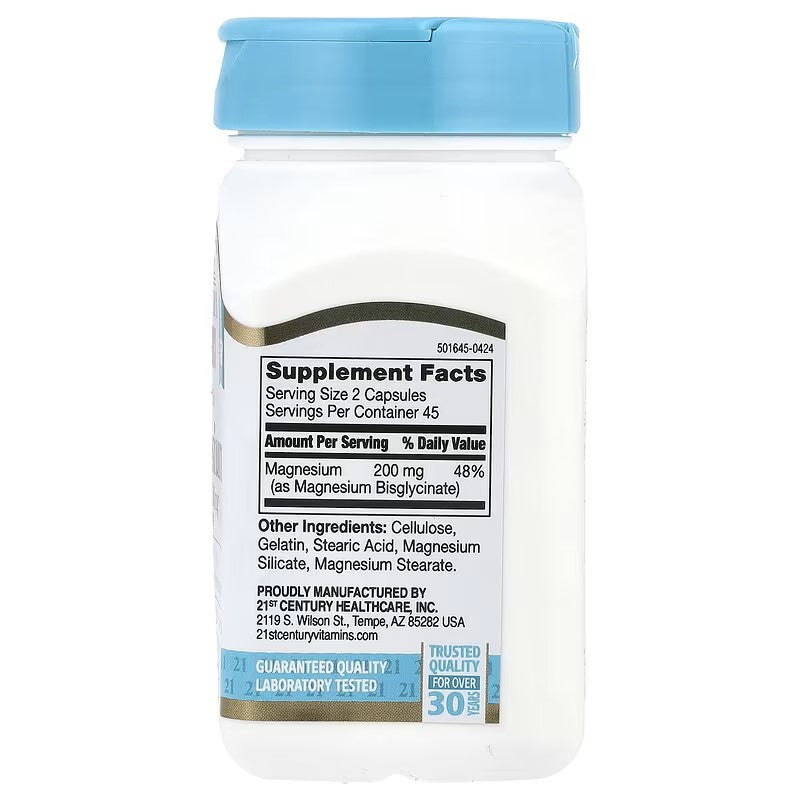 21st Century, Chelated Magnesium Glycinate, 200 mg, 90 Capsules, (100 mg Per Capsule)