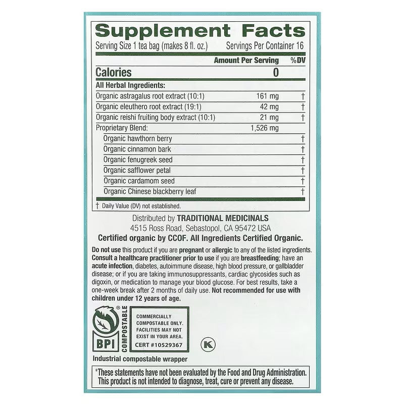 Traditional Medicinals, Organic Stress Ease Immune, Reishi Warming Spice, Caffeine Free, 16 Wrapped Tea Bags, 0.99 oz (28 g)