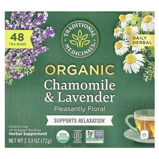 Traditional Medicinals, Herbal Tea, Organic Chamomile & Lavender, Caffeine Free, 48 Wrapped Tea Bags, 2.53 oz (72 g)