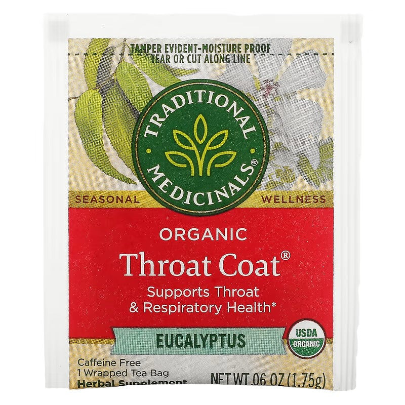 Traditional Medicinals, Organic Throat Coat, Eucalyptus, Caffeine Free, 16 Wrapped Tea Bags, 0.99 oz (28 g)