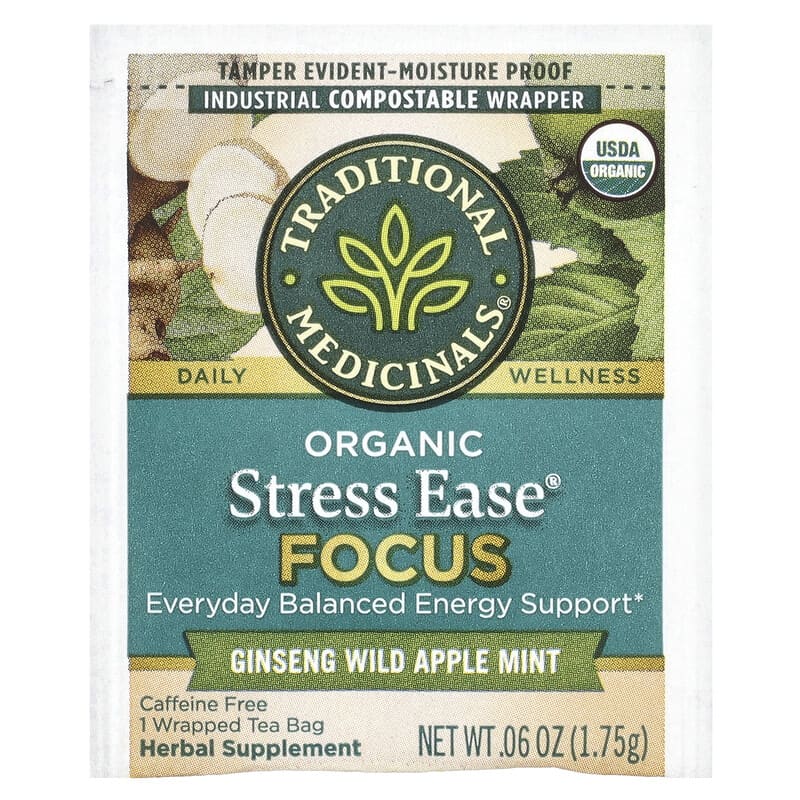 Traditional Medicinals, Organic Stress Ease Focus, Ginseng Wild Apple Mint, Caffeine Free, 16 Wrapped Tea Bags, 0.99 oz (28 g)