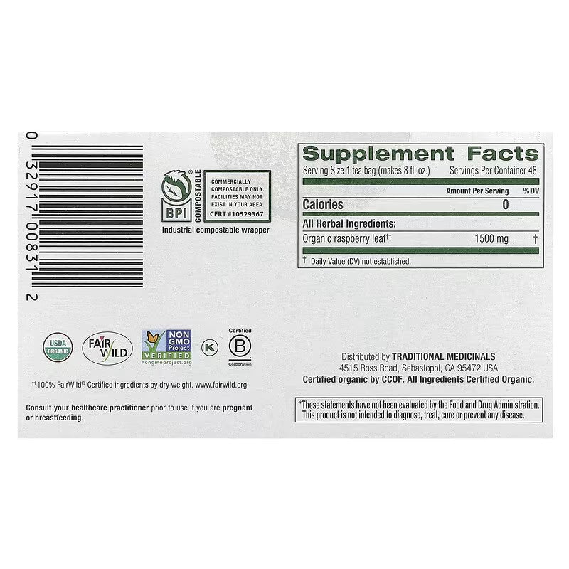 Traditional Medicinals, Organic Raspberry Leaf, Caffeine Free, 48 Wrapped Tea Bags, 2.53 oz (72 g)
