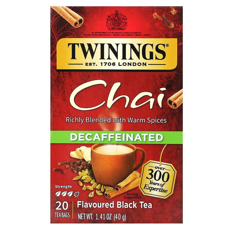 Twinings, Flavored Black Tea, Chai, Decaffeinated, 20 Tea Bags
