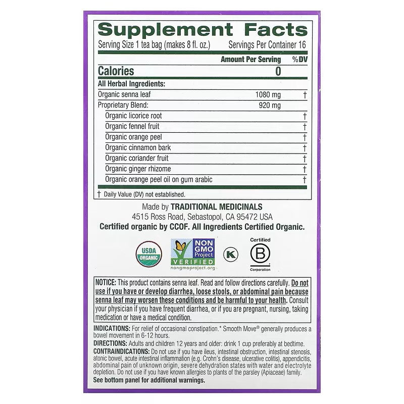Traditional Medicinals, Organic Smooth Move, Original with Senna, Caffeine Free, 16 Wrapped Tea Bags, 1.13 oz (32 g)