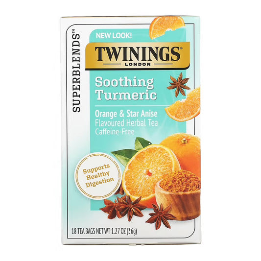 Twinings, Soothing Turmeric Herbal Tea, Orange and Star Anise, Caffeine Free, 18 Tea Bags