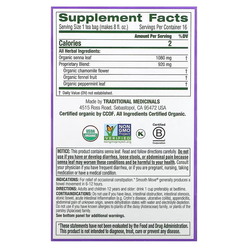Traditional Medicinals, Organic Smooth Move, Senna Chamomile, Caffeine Free, 16 Wrapped Tea Bags, 1.13 oz (32 g)