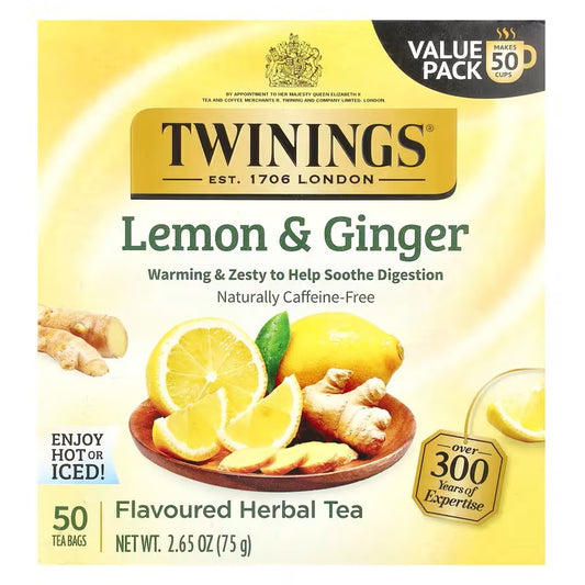 Twinings, Flavored Herbal Tea, Lemon & Ginger, Caffeine Free, 50 Tea Bags