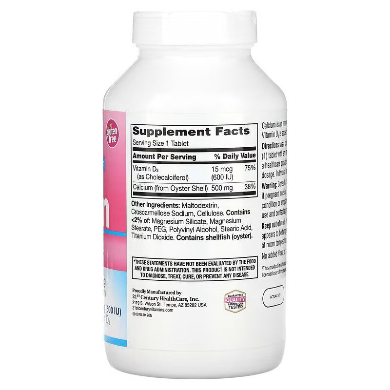 21st Century, Calcium 500 + D3, 15 mcg (600 IU)