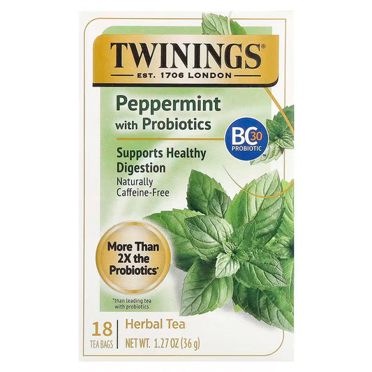 Twinings, Herbal Tea, Peppermint with Probiotics, Caffeine-Free, 18 Tea Bags