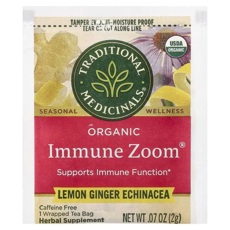 Traditional Medicinals, Organic Immune Zoom®, Lemon Ginger Echinacea, Caffeine Free, 16 Wrapped Tea Bags, 1.13 oz (32 g)