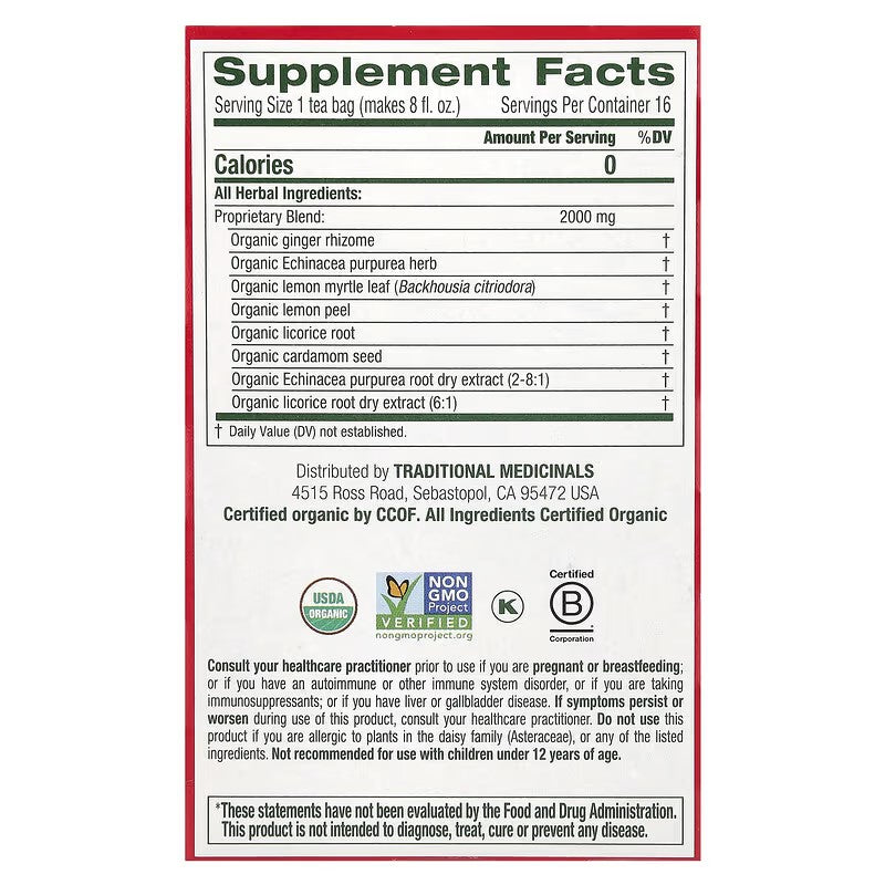 Traditional Medicinals, Organic Immune Zoom®, Lemon Ginger Echinacea, Caffeine Free, 16 Wrapped Tea Bags, 1.13 oz (32 g)